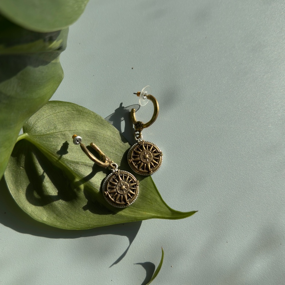 Patricia Nash Gold Compass Coin Mixed Metal Hoop Earrings